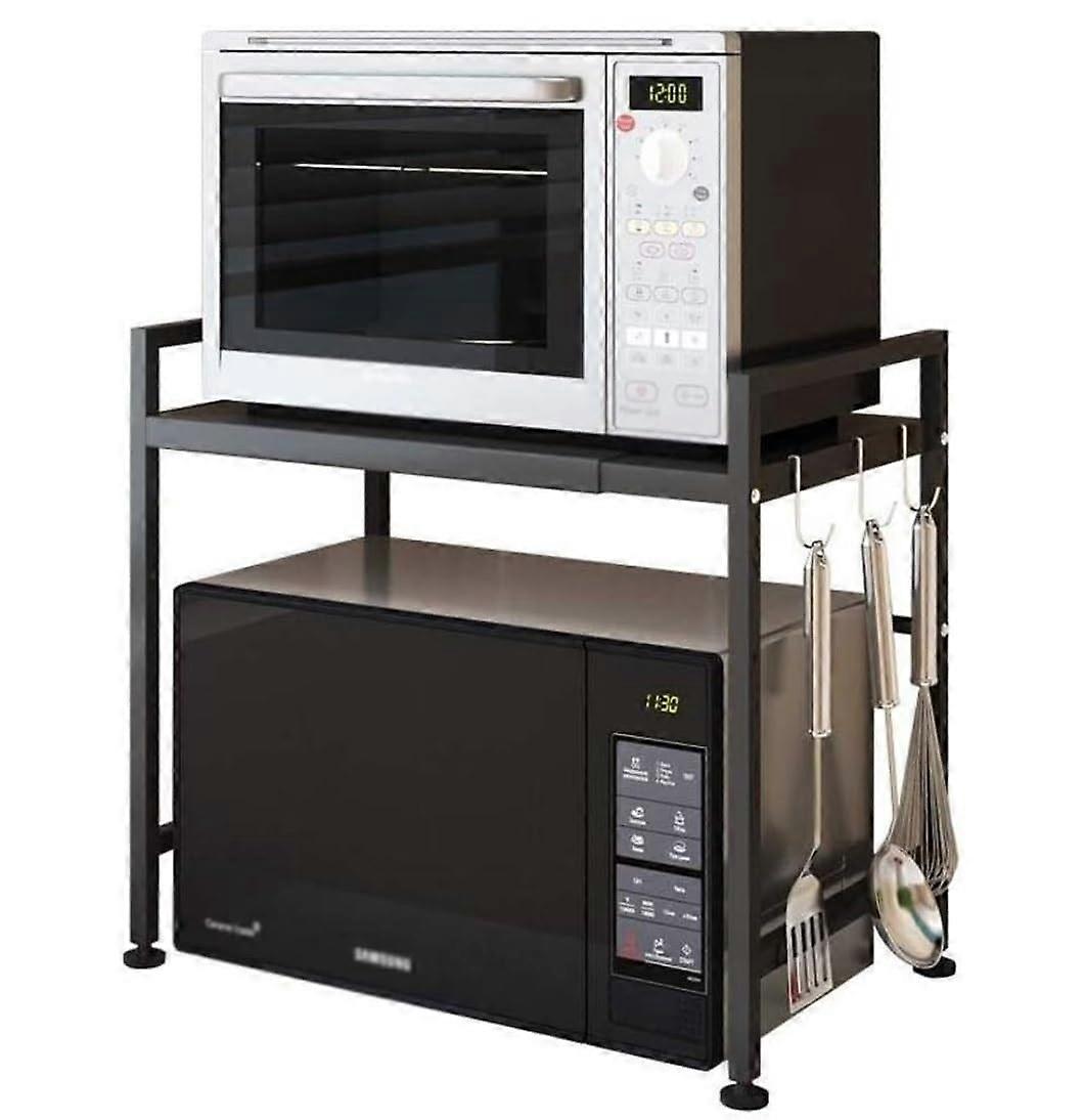 Microwave Oven Rack Adjustable Kitchen Storage Shelf with Spice Organizer Black Expandable Stand
