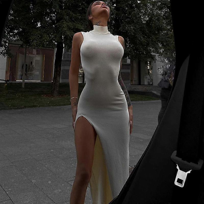 Women's Round Neck Sleeveless Slim Split Midi Dresses