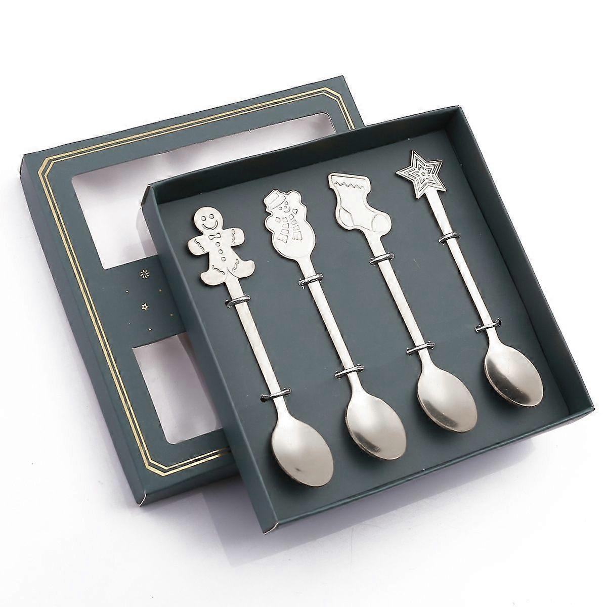 4pcs /Pack Christmas Gift Spoon Silver Green Box