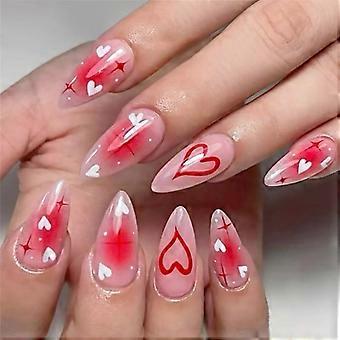 Uñas postizas brillantes para el Día de San Valentín, 24 unidades, longitud media, diseño de corazón 3D, color rosa, estrellas, purpurina, diamantes de imitación, ideales para fiestas.
