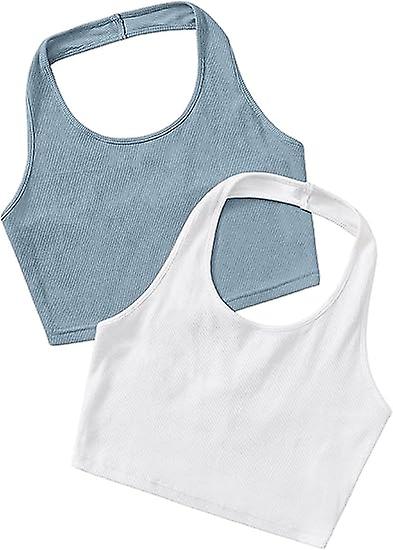 Damen 2er-Pack Basic Rippstrick Crop Neckholder Top Ärmellose Weste (groß)
