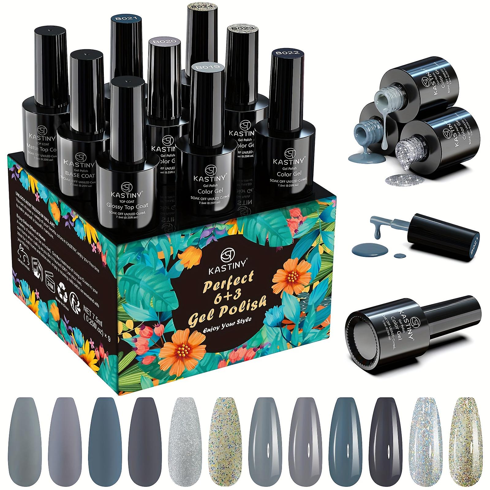 Gel Nail Polish Kit 9 Pcs Elegant Grey Soak Off Gel Nail Collection With Base Glossy & Matte Gel Top Coat Gel Nail Polish Set Diy Manicure Kit For