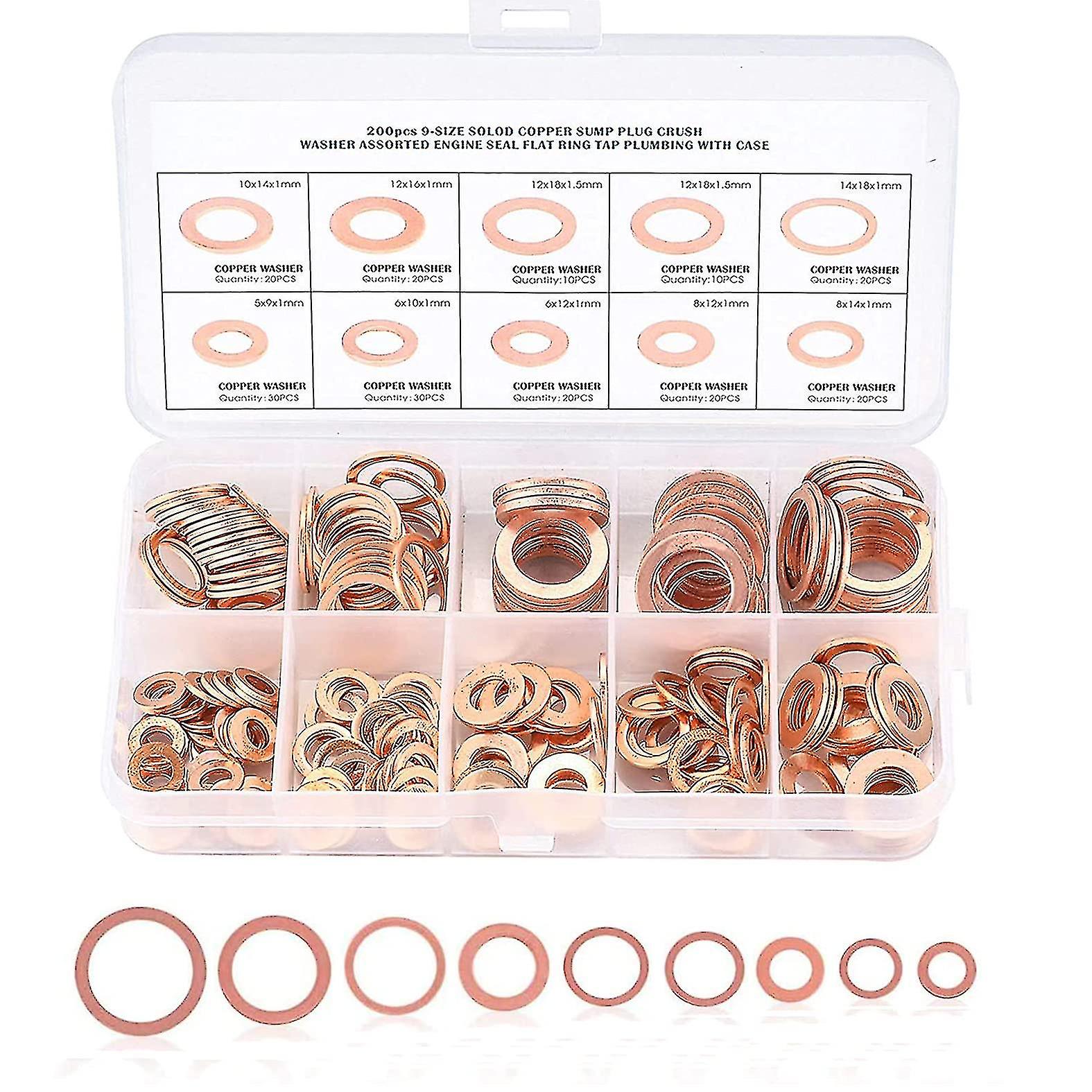 200 Pcs Washers Set, Engine Flat Ring Gasket Fastener Metric Sealing Assortment Set