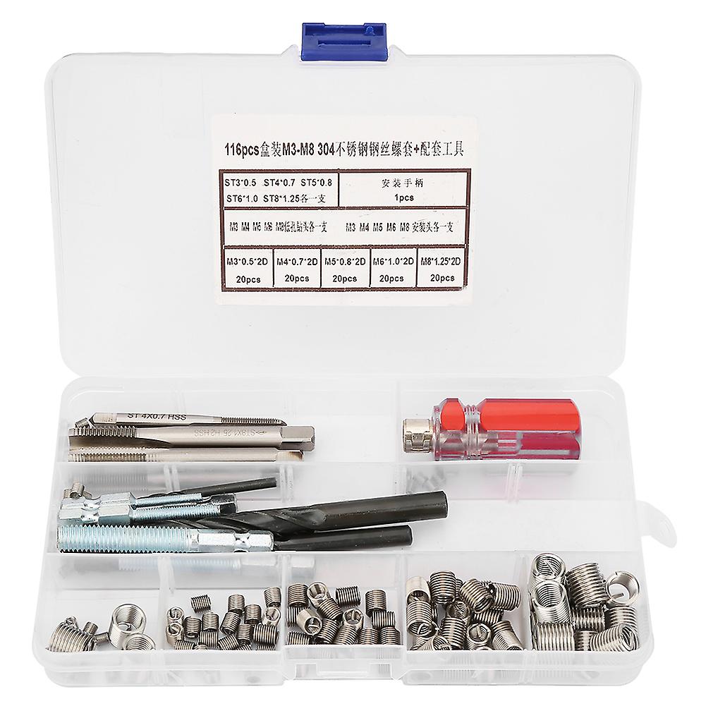 116Pcs/set Stainless Steel Wire Screw Sleeve Thread Repair Insert Kit Tool Set