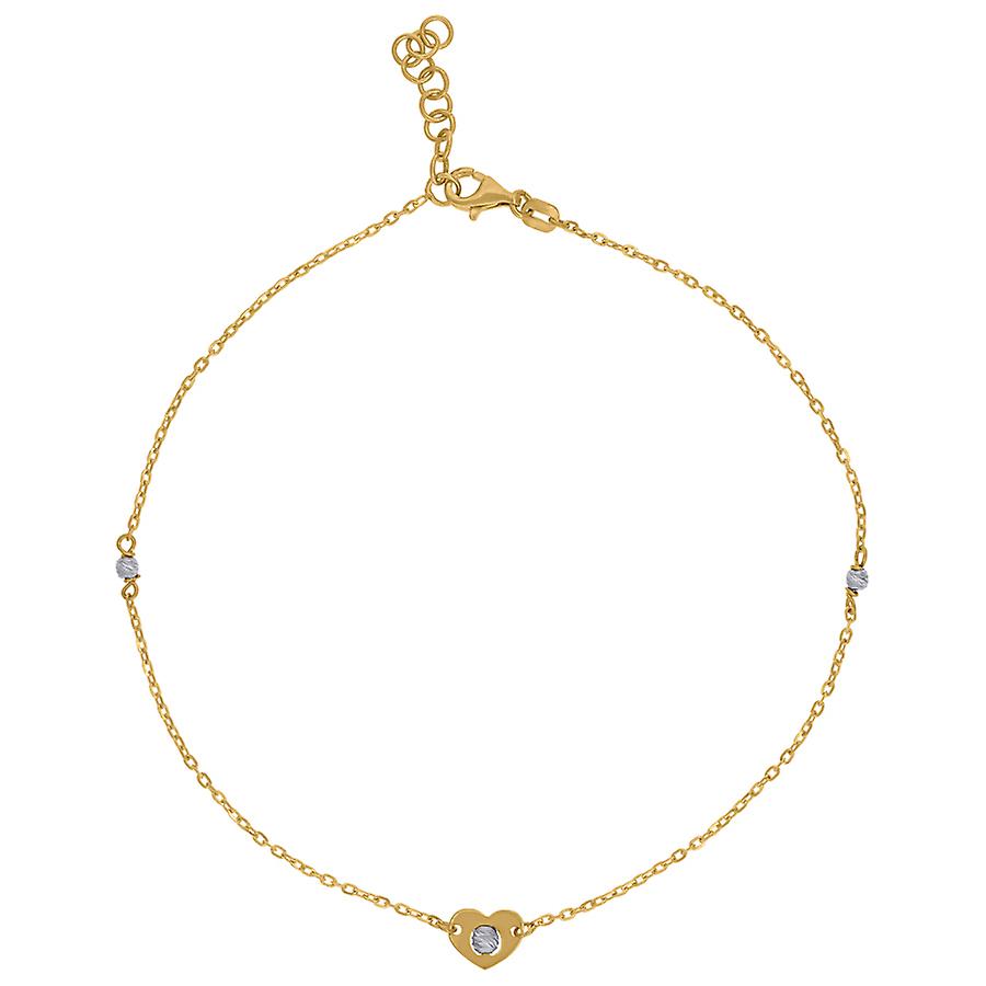 14kツートンゴールドレディースポリッシュ仕上げテクスチャードラブハートビーズアンクレット-女性用アンクレット