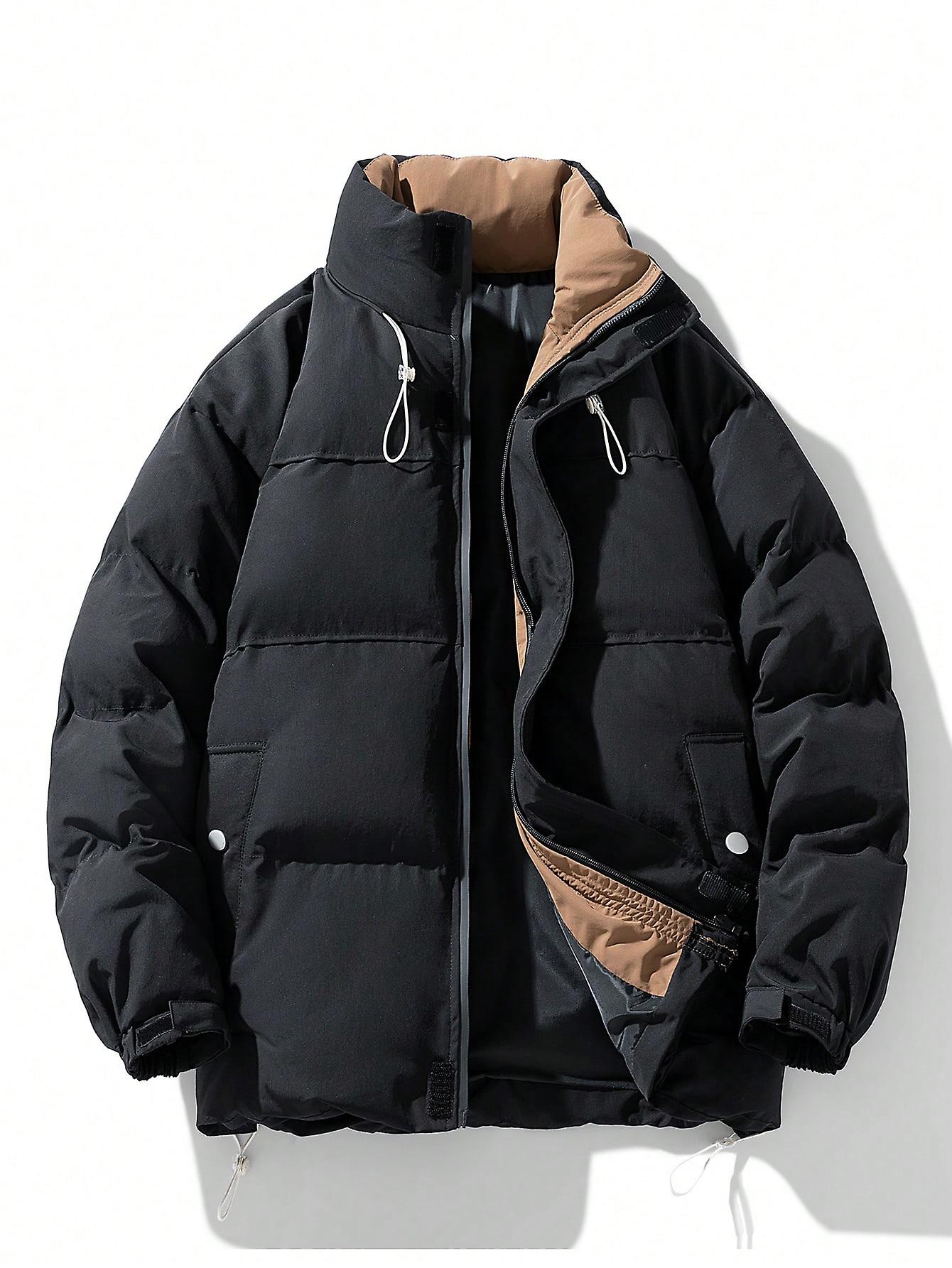 Men Drawstring Hem Zip Up Puffer Coat