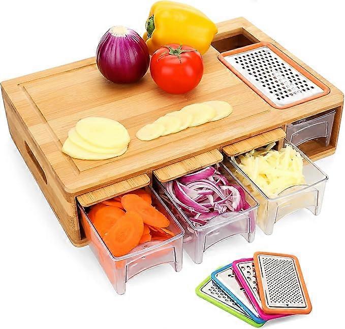 Cutting Board with Container, Large Bamboo, Carving and Cutting Board with Juice Groove, Easy Grip Handles and Food Slide Opening with Tray for Food S