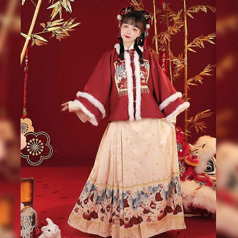 2023 Année Du Lapin Dynastie Ming Han Fu Col Carré Velours Couvert Ma Mian Jupe Hiver Quotidien 3pcs Set 3pcs Hanfu Rouge