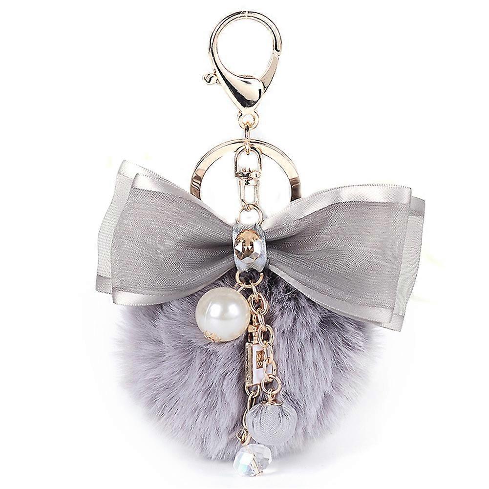 Fashion Bowknot Fuzzy Ball Key Ring Alloy Keychain With Faux Pearl Pendant
