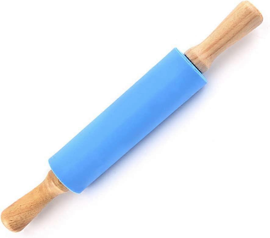 1pcs Solid Wood Silica gel Rotating Rolling Pin 3155cm flour dumpling sticksBlue