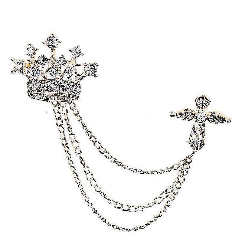 British Style Rhinestone Crown Chain Brooch Retro Crystal Corsage Pin Tassel Chain Suit Jacket Brooch Pin For Men Husband Gifts