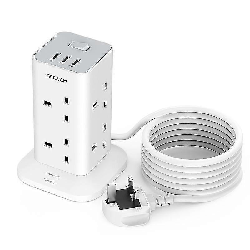 8-Way UK Multi Plug Extension Cord Power Tower Socket with USB Ports 2M/3M/10M, Surge Protector Multi Outlet Cord Extension Plug Power Socket-XinHan