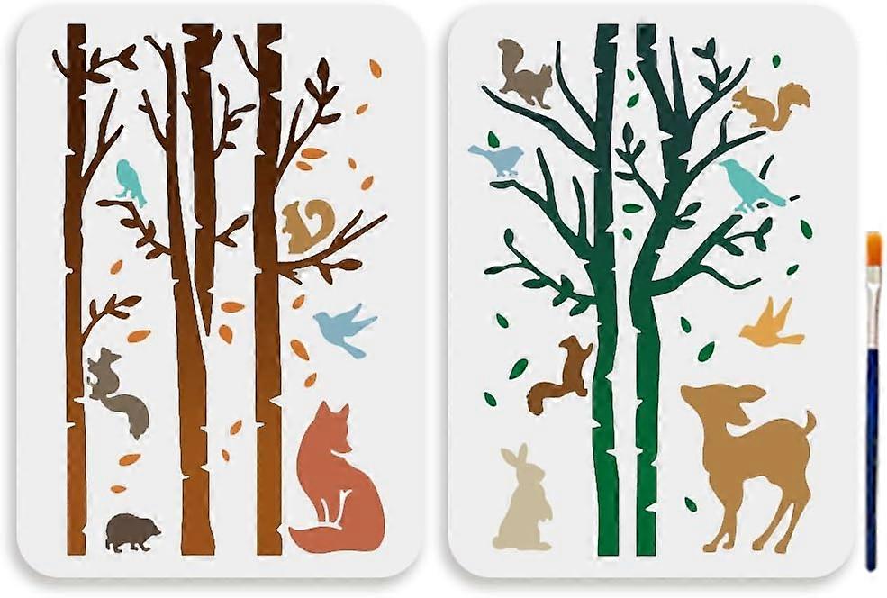2pcs Autumn Tree Animals Stencil 11.78.3inch Large Fall Forest Animal Stencils with Paint Brush Fallen Leaves Squirrels Fox Rabbit Birds Deer Template