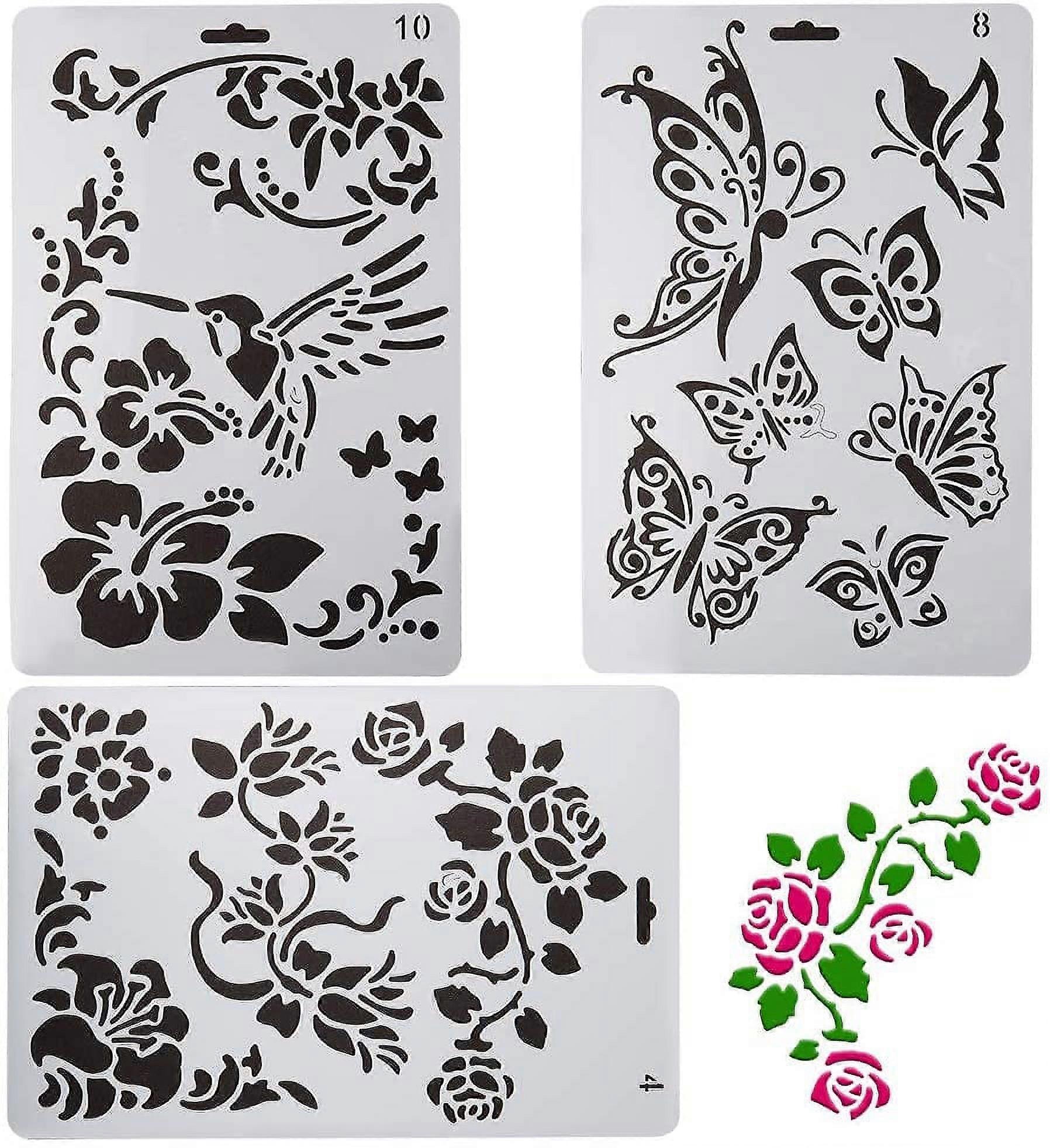 3Pcs 10x7 Inches Flower Butterfly Bird Stencil Template Mixed Plastic Reusable Washable Drawings Painting Templates Set for Painting Diary DIY Drawing