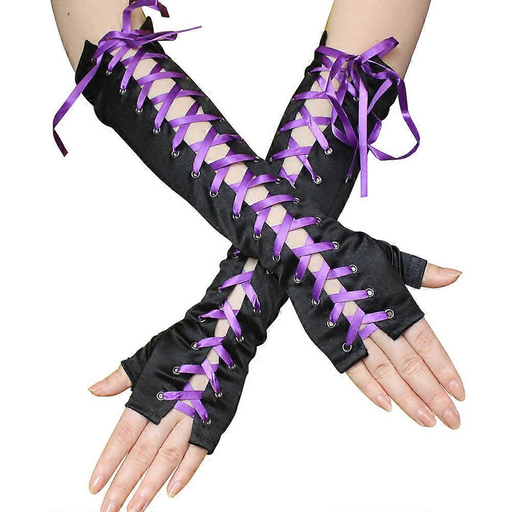 Fingerless Lace Up Gloves - Long Black Costume Elbow Arm Warmer Accessories with Red Satin Laced Tie for Dress Up
