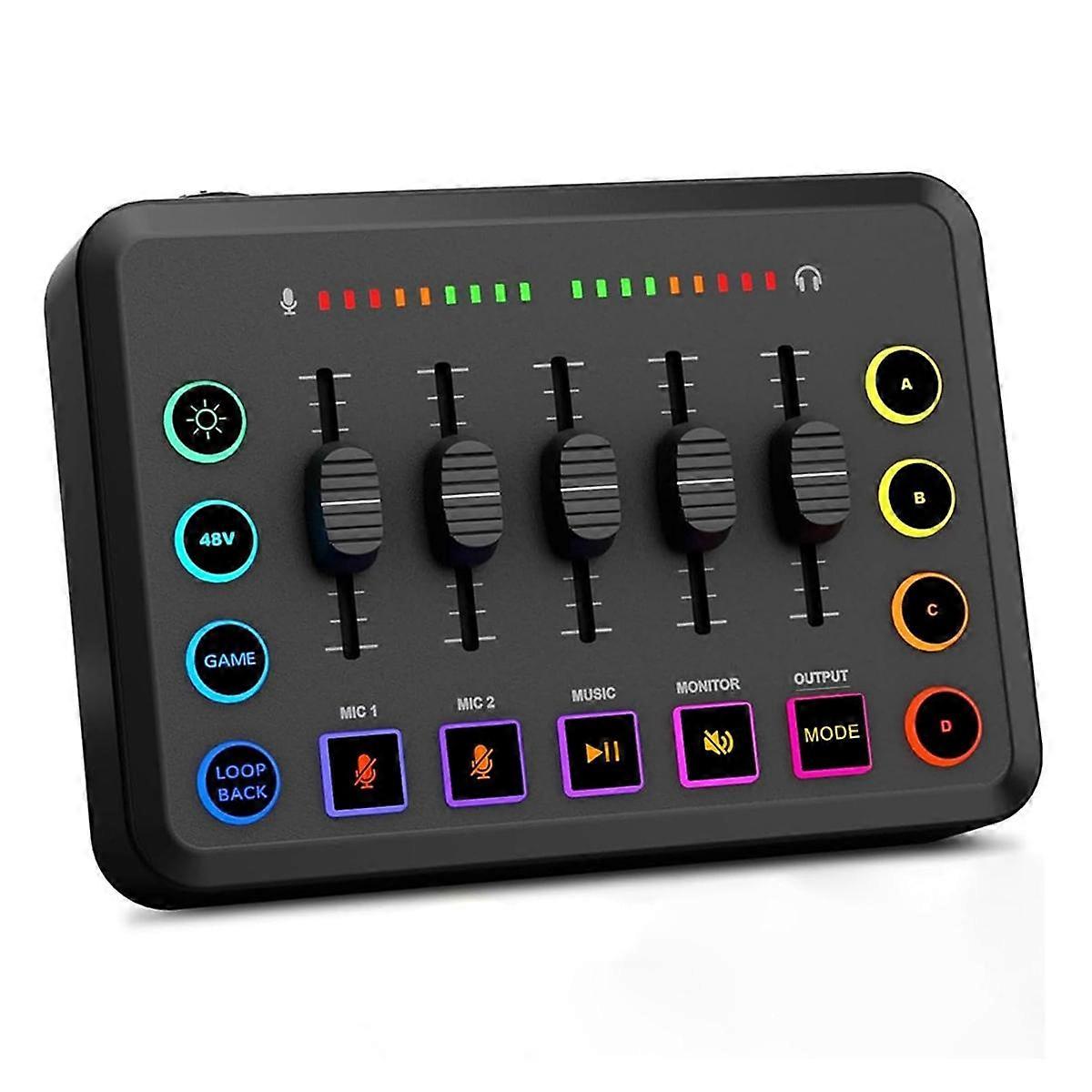 Gaming Audio Mixer, Streaming RGB PC Mixer med XLR Mikrofon Interface, Volume Fader, 48V Phantom