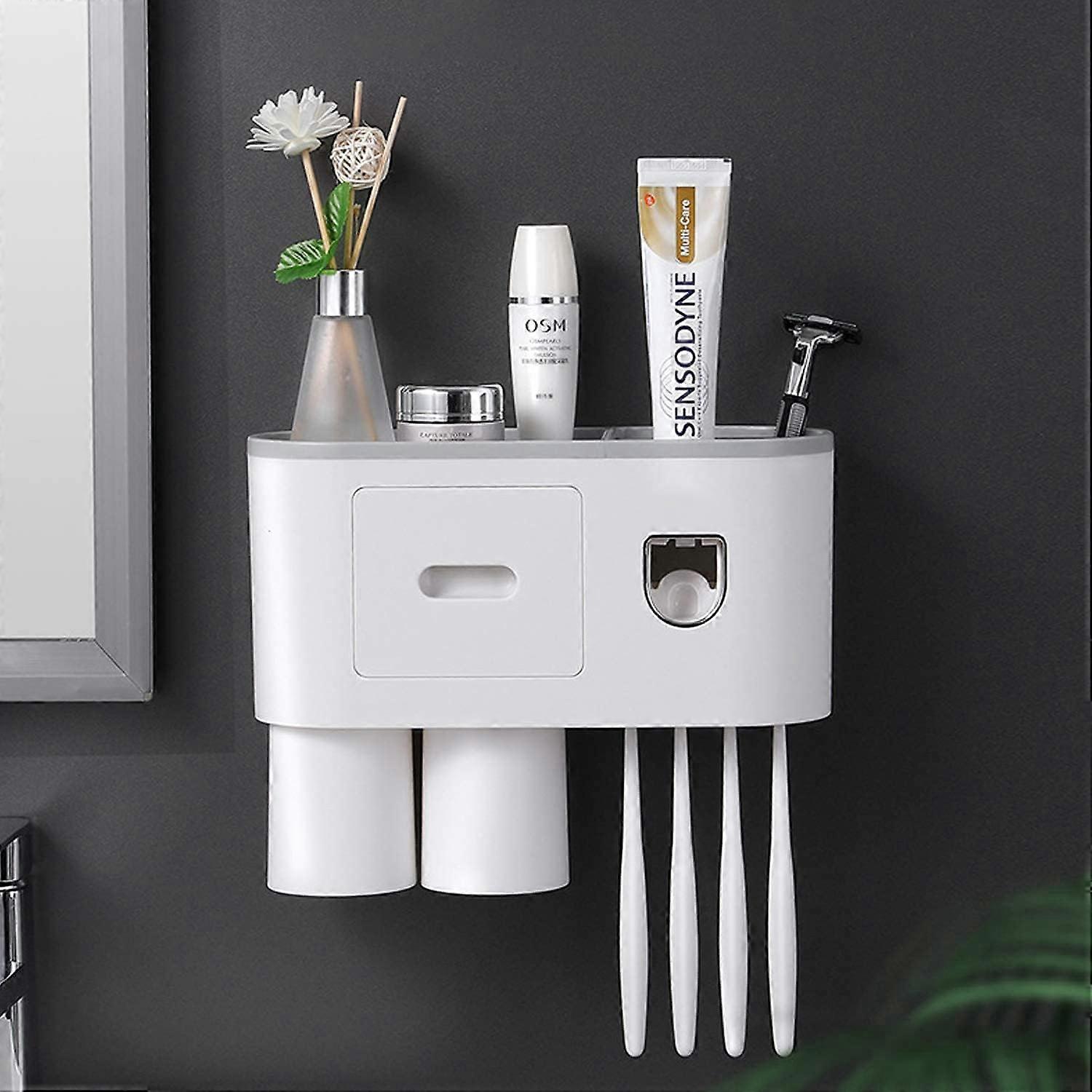 Automatic Toothpaste Dispenser Wall Mount and Dustproof Toothbrush Holder Without Drilling Multi-Function Space Saving Toothbrush Organizer with