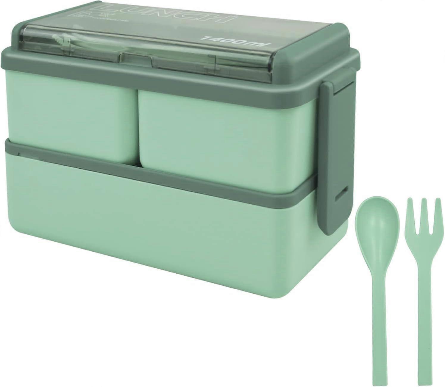 Lunch Box Stackable,1400ml Containers with 3 Removable Compartments and Cutlery, Leak Proof 2 Layer Boxes(Green)