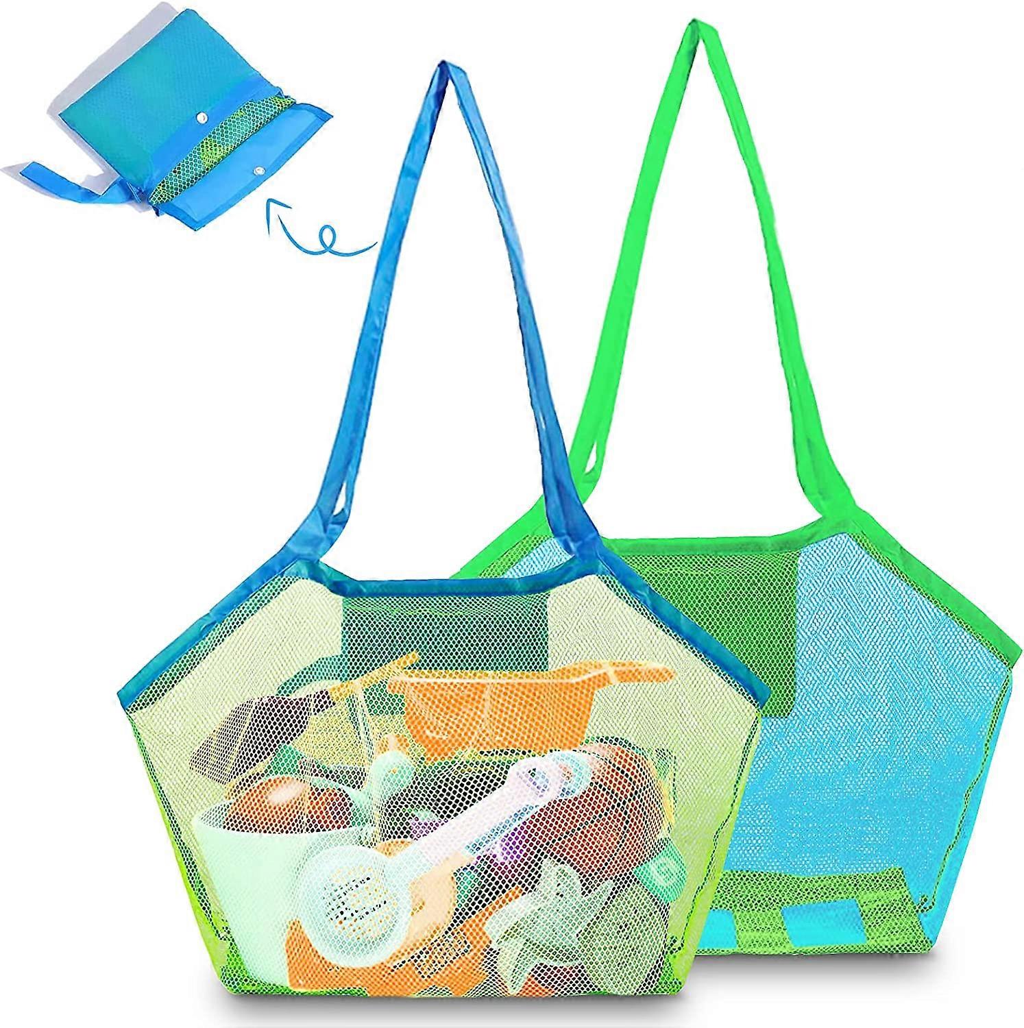 Mesh Beach Toy Bag, 2 Piece Beach Toy Storage Bag Large Beach Bag for Kids Foldable Mesh Beach Bag, for Carrying Toys and Towels