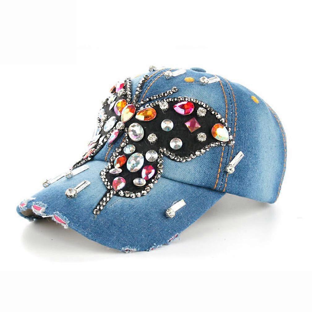 Butterfly Denim Baseball Cap Crystal Diamond Spot Adjustable Snapback Hat