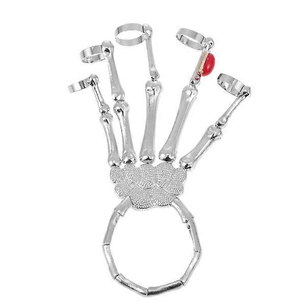 1Pc Halloween Decoration Punk Exaggerated Ruby Skeleton Finger Bracelet (Silver)