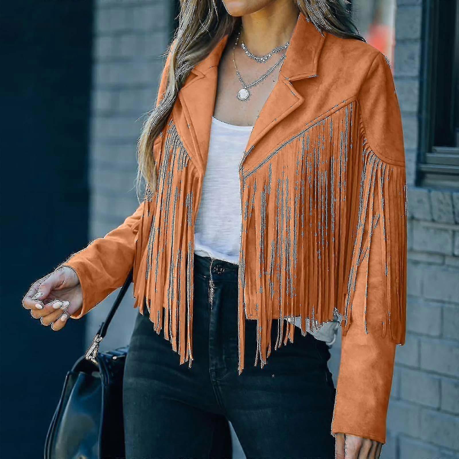 Damrockar Clearance Fringe Coat för kvinnor Faux mocka läder cowboy stil kappa långärmad tofsar kofta rock-c tw