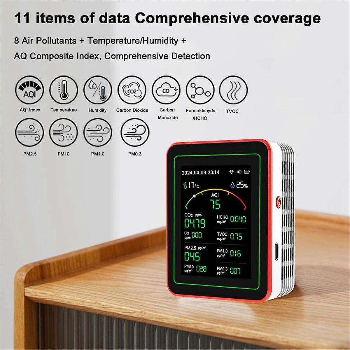 Rilevatore CO2 7 In 1 Con App Bluetooth – Monitor Qualità Aria Per TVOC, Temperatura, Umidità E Formaldeide, Allarme Sonoro, Memoria 60 Giorni, Batteria 1500mAh, Nero