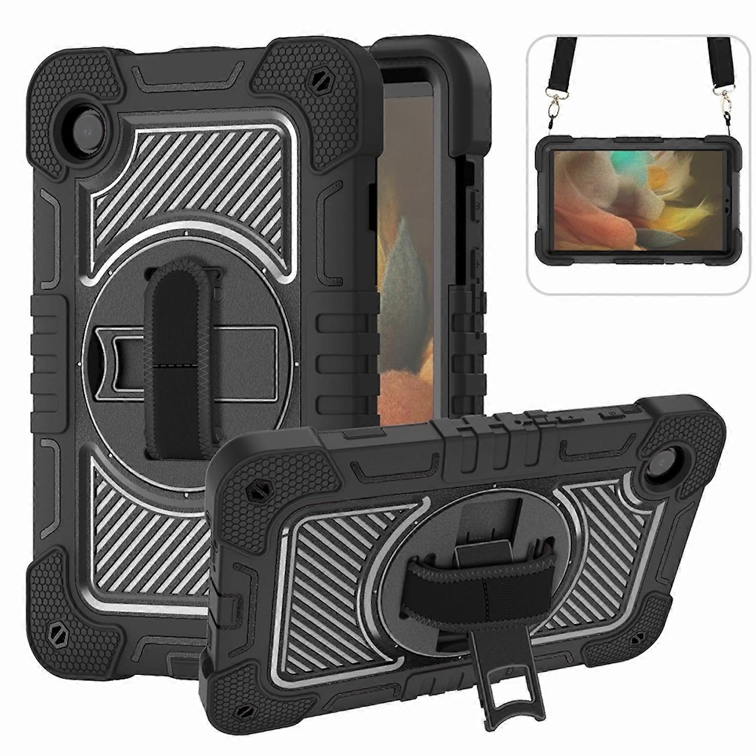 For Samsung Galaxy Tab A9 Adjustable Outdoor Hybrid 360 Degree with Strap Tablet Case Black