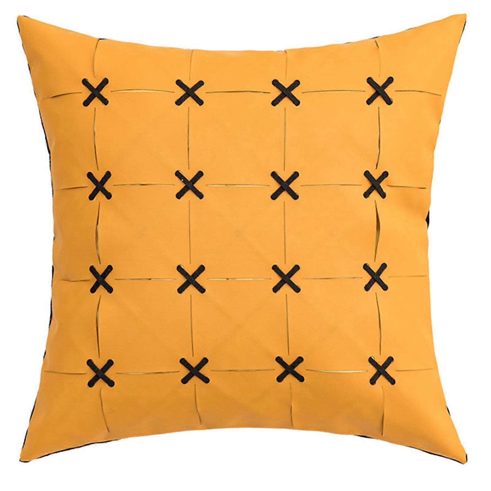 Modern Geometric Throw Pillow for Case Woven Imitation Leather Plaid for Cross Pattern Solid Color Sofa Decorative Cushi Yellow