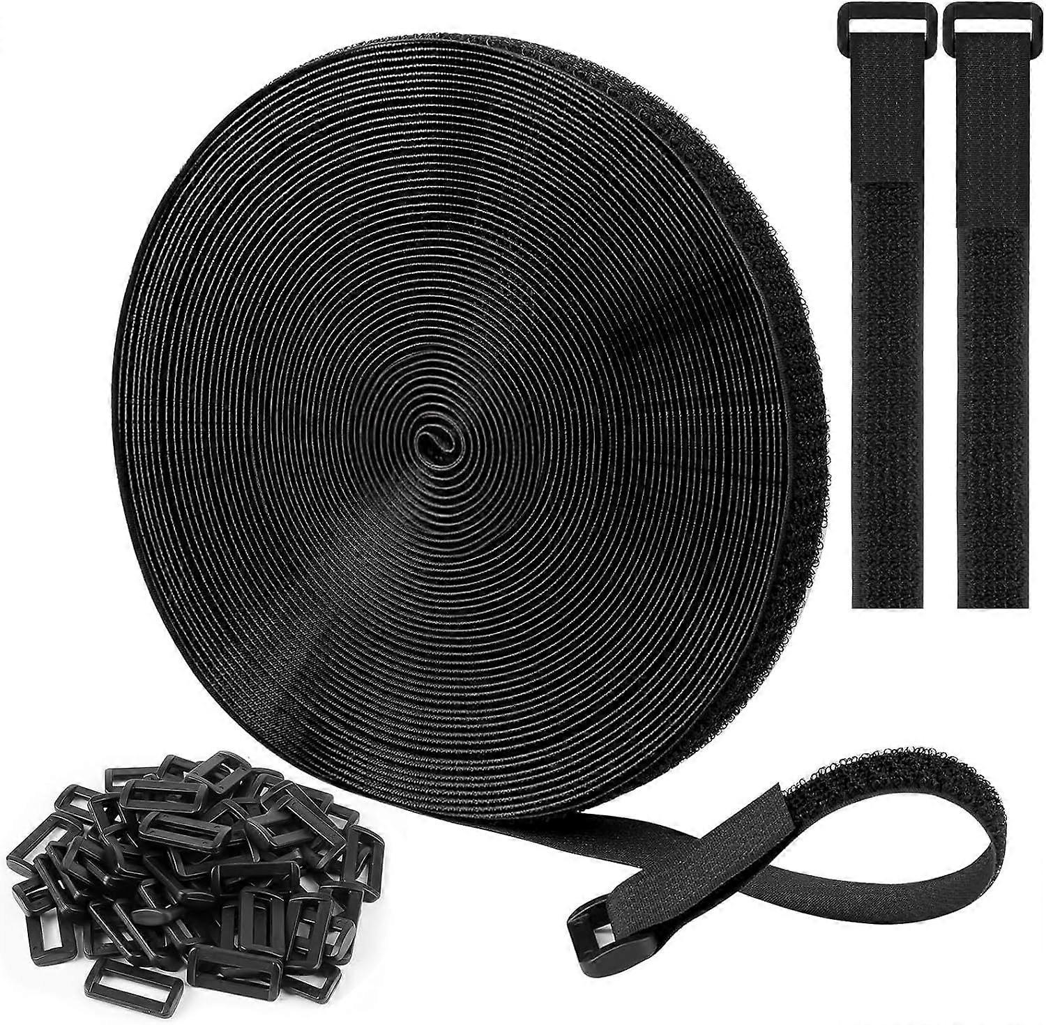10m x 2cm Black Adjustable Reusable Cable Ties/Straps with 50 Loops and Hook Fastener Strap for Cable Management (Black)