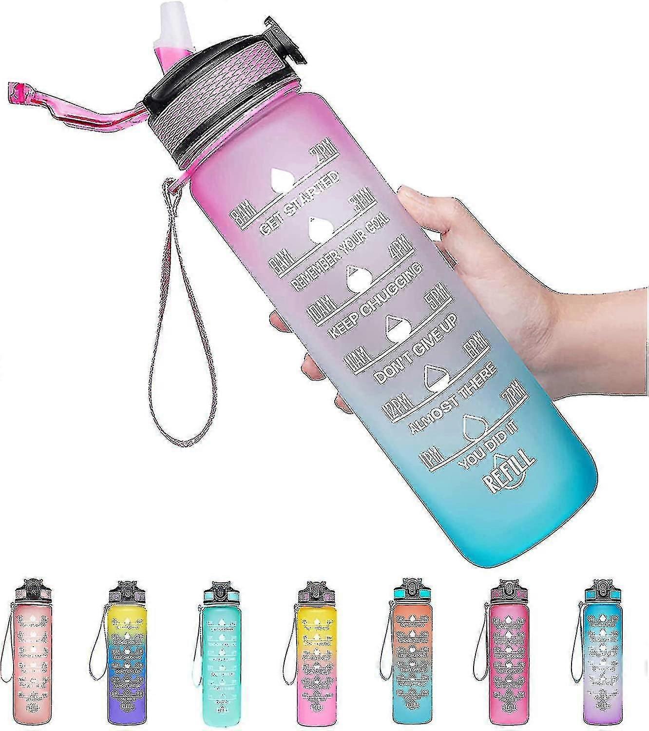 32oz Leakproof Drinking Water Bottle With Time Marker & Straw
