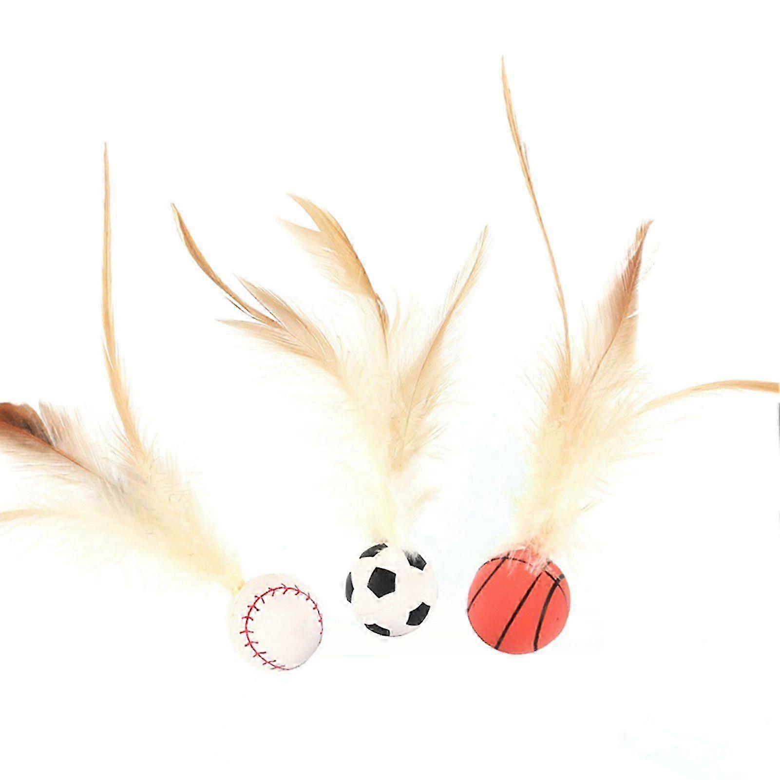 Cat Feather Bouncing Ball Interactive Toy, Rubber Flutter Pounce Bouncy Toys For Indoor Cats, Basketball Soccer Baseball Feather Cat Toy