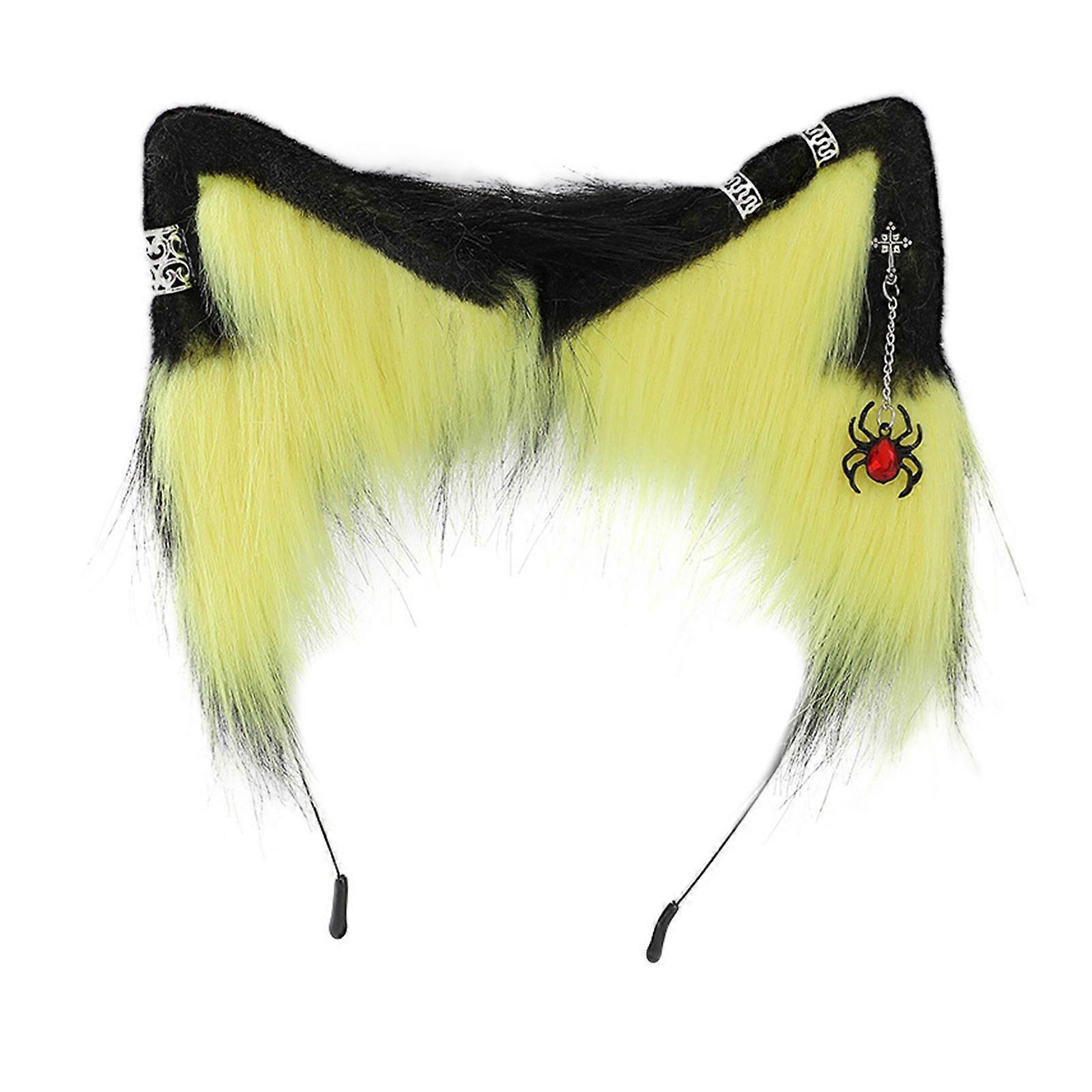 Plush Cat Ear Headband with Spiders Earring Plush Cat Headband for Movie Enthusiasts Adult Live Broadcast Headpiece  Yellow