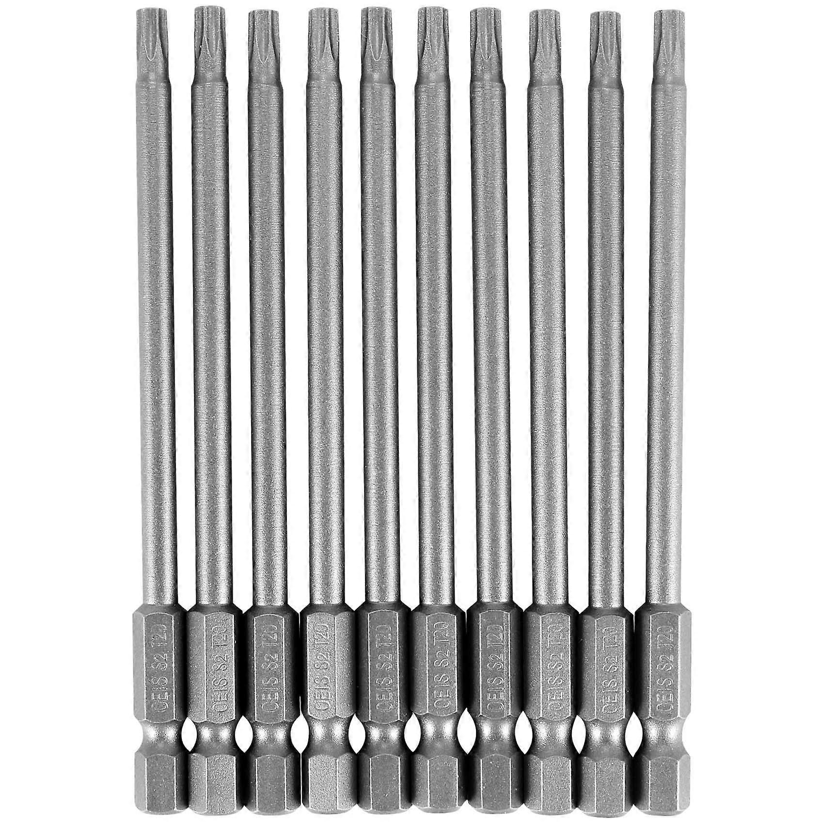 10pcs 100mm Length 1/4 inch T20 Torx Screwdriver Bits, Silver Gray