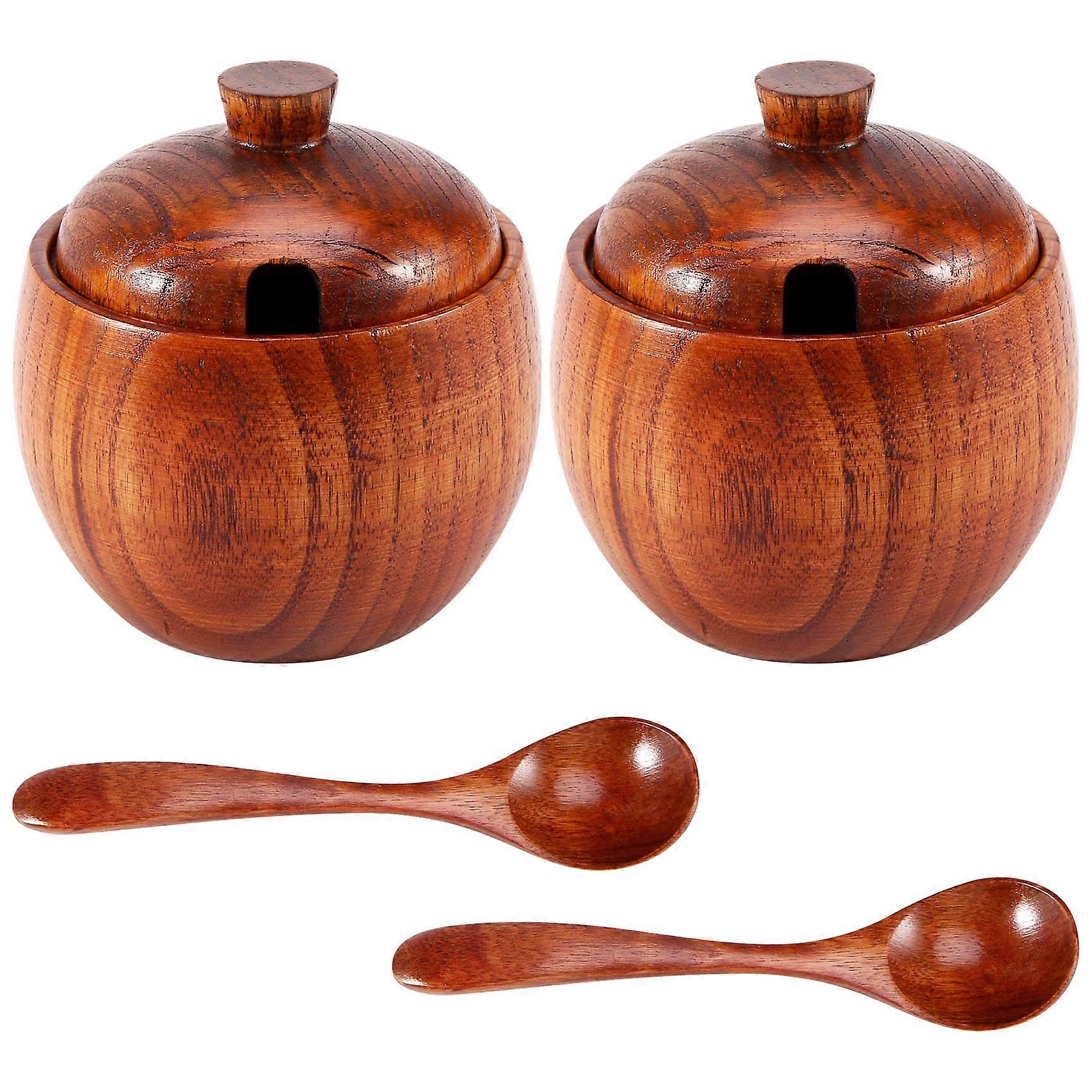 2Pcs Spice Jar Seasoning Can with Lid Spoon Wood Kitchen