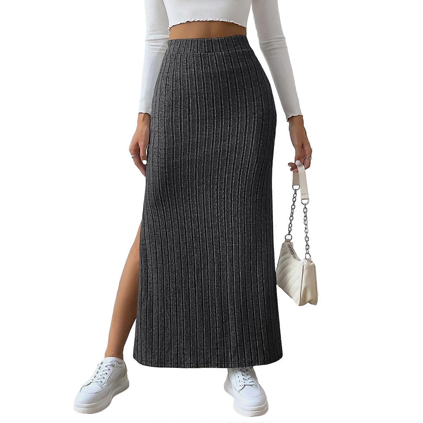 Women Solid Color Ribbed Knit Side Split Bodycon Maxi Skirt Elastic High Waist Package Hip Stretchy Long Pencil Skirt  dark gray S