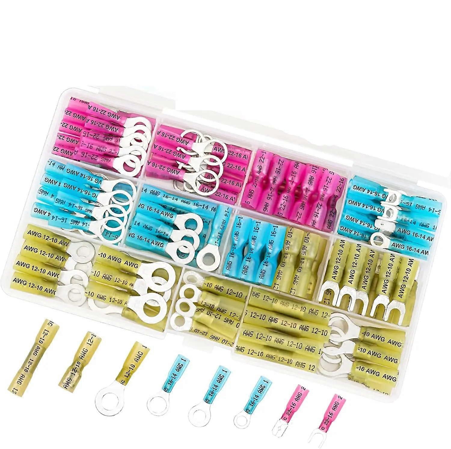 120Pcs Heat Shrink Wire Connectors for Automotive and Marine, Electrical Terminal Crimp Ring, Fork, Spade Splice Compatible
