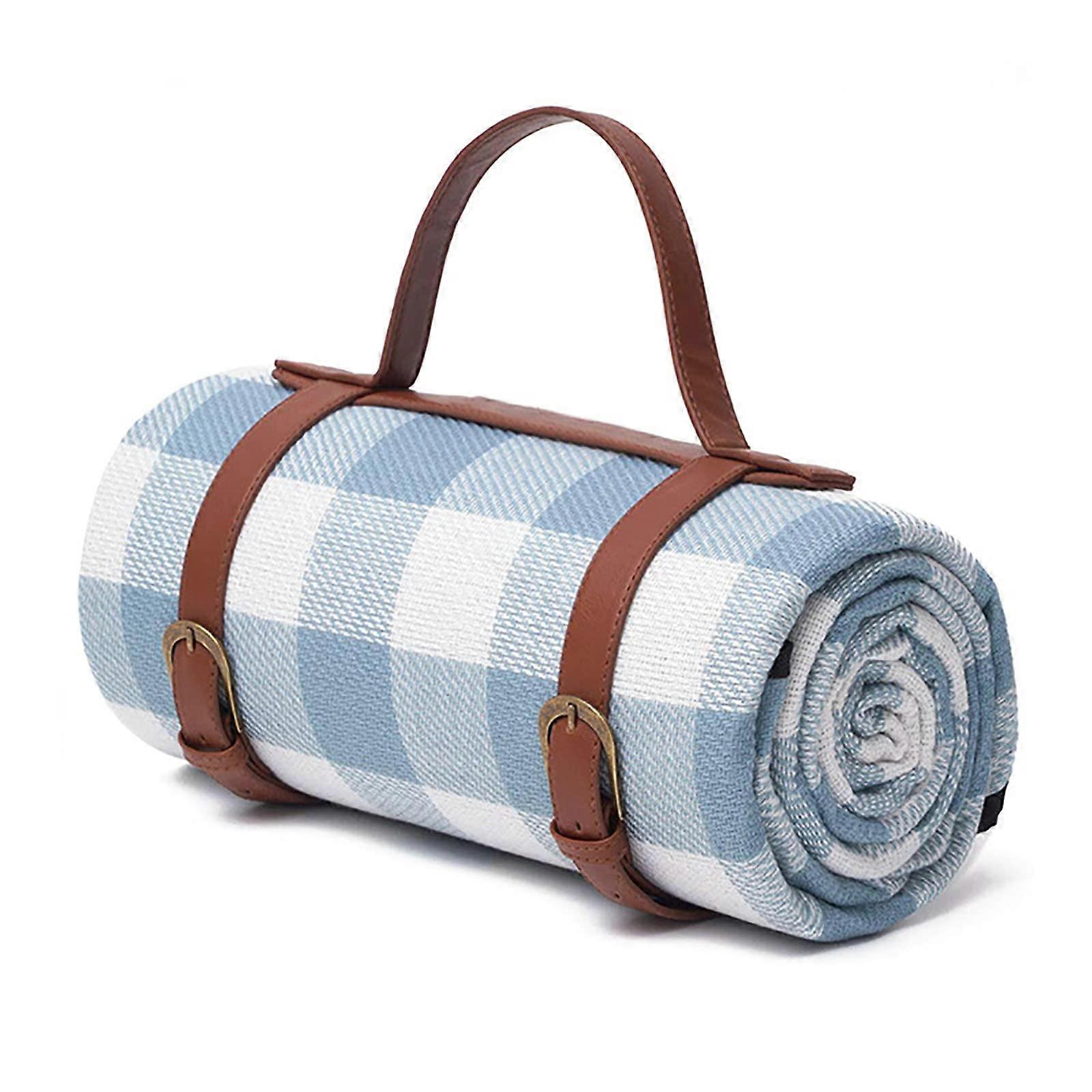 Blue and White Checked Picnic Blanket, Foldable Beach Mat with Carry Handle, 200x200CM