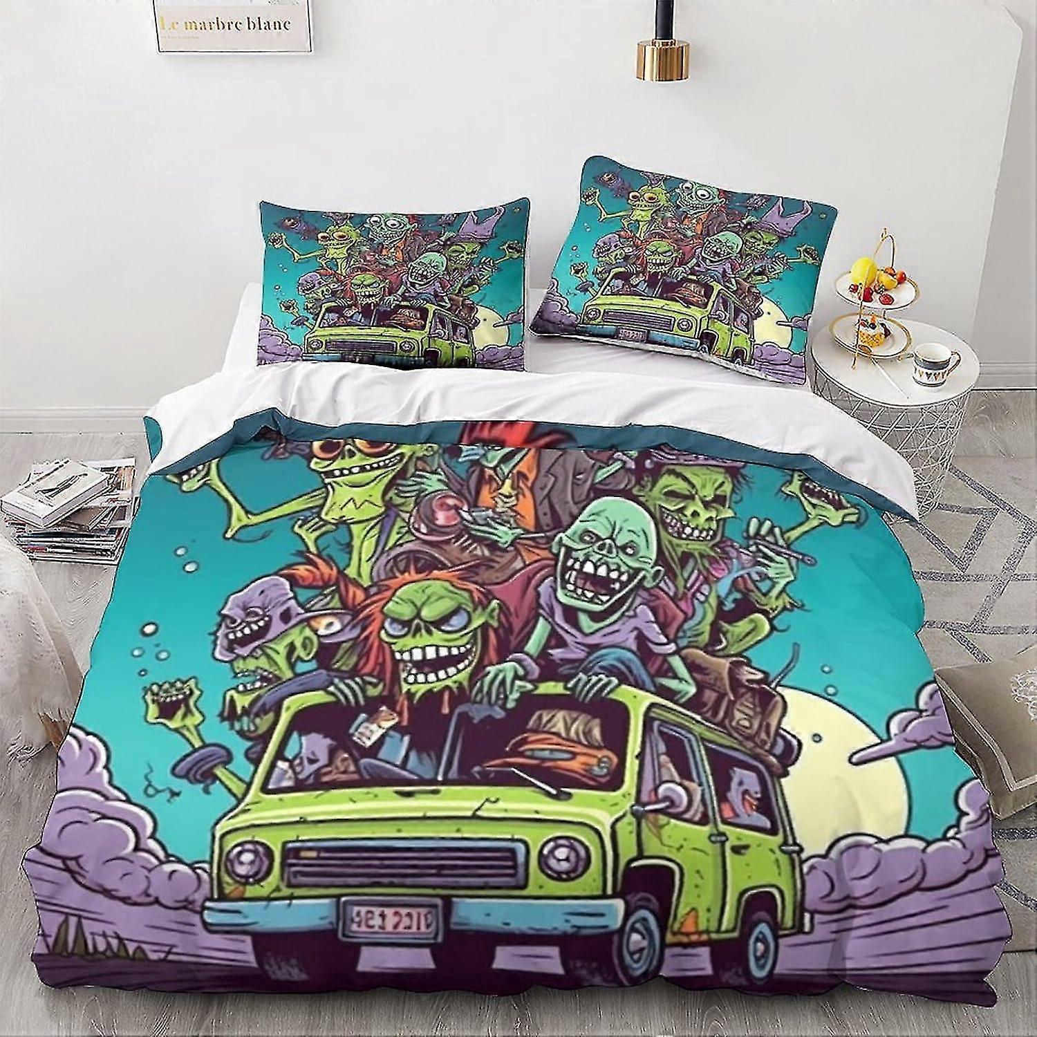 3D Printed Vintage Car Monsters Duvet Cover with Pillowcases Cartoon Bedding Set with Zipper Closure Soft Microfiber Quilt Cover Set King
