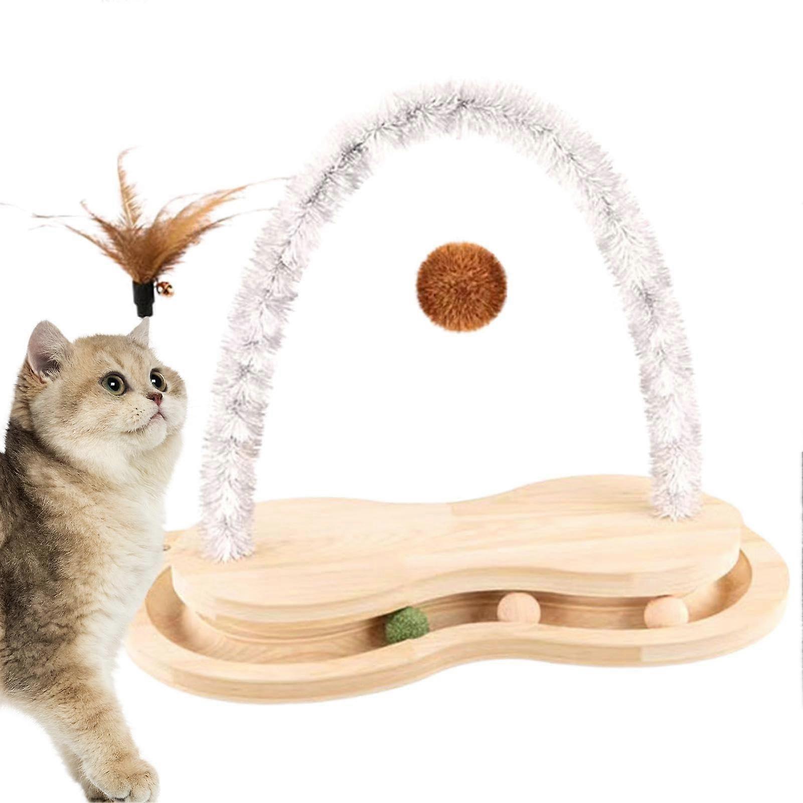 Wooden Cat Scratcher with Rotating Ball Track, Interactive Engagement Toy