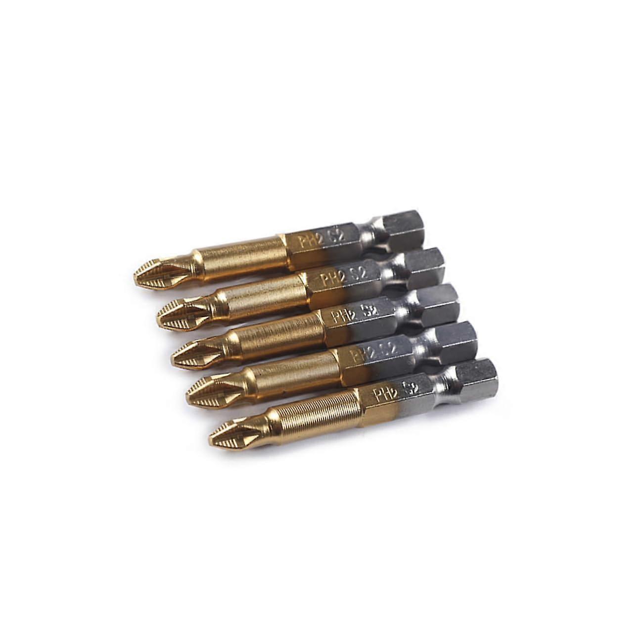 Coated Ph2 Screwdriver Bits Set of 5, 50mm Length, Compatible with Electronics Hand Tools, Gold Finish