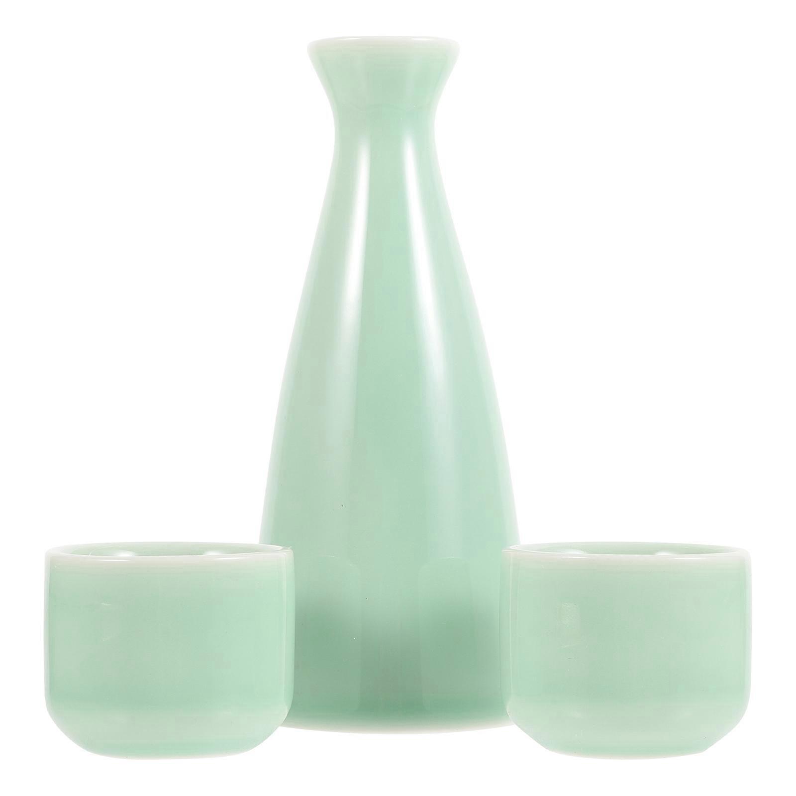 Ceramic Japanese Sake Set with Bottle and Cups, Elegant Plum Green Design, Easy to Clean, Multi Purpose for Daily Use and Home Bar Decoration