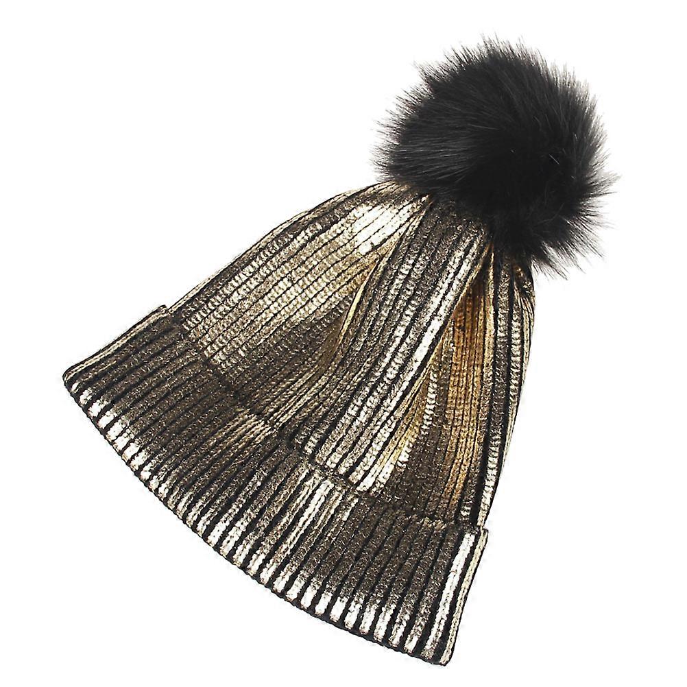 Golden Pom Pom Beanie Hat for Women Shiny Woolen Yarn Fashionable and Warm 6.5 Inches