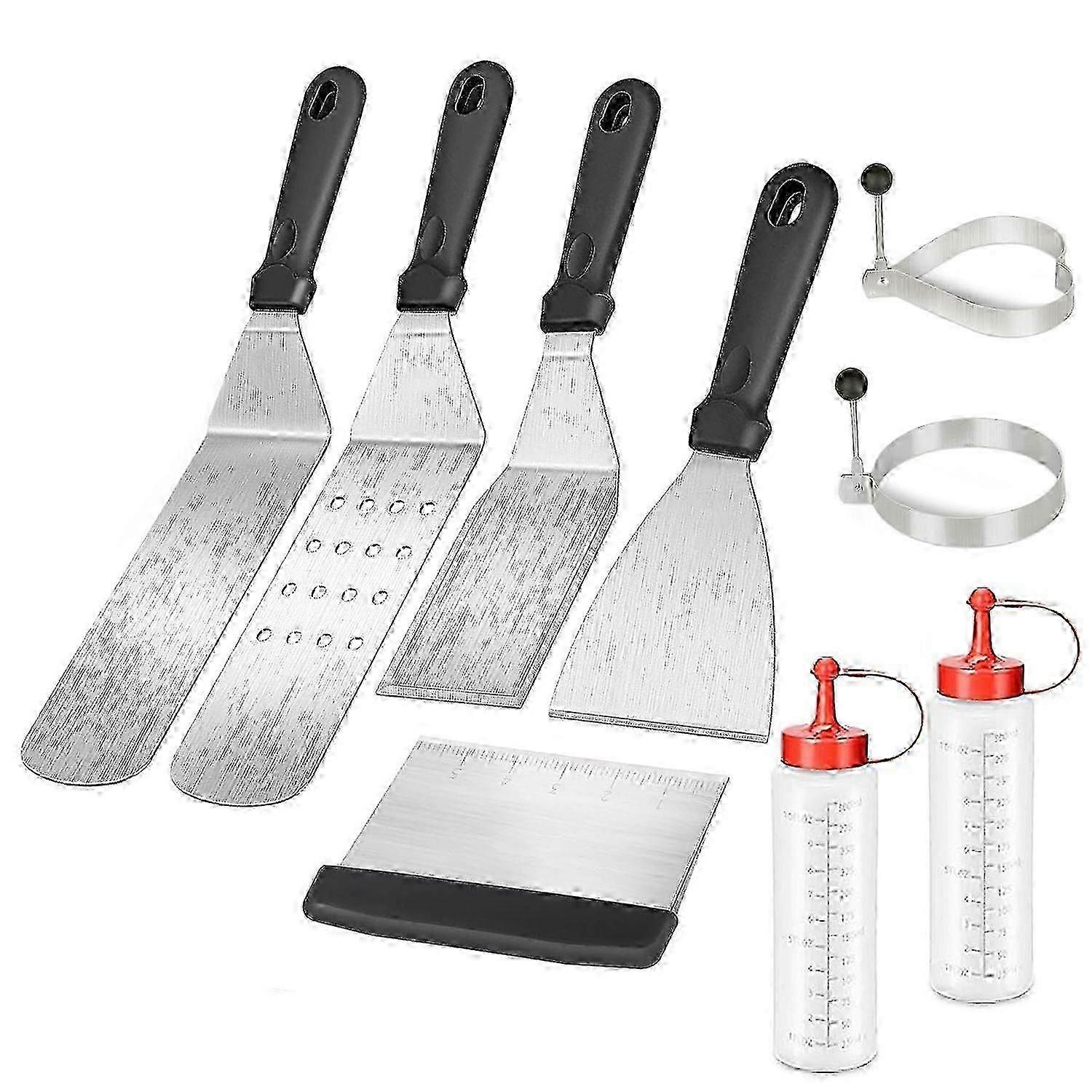 طقم أدوات مائدة شواء من الفولاذ المقاوم للصدأ للطبخ - يتضمن 2 ملعقة ، 2 زجاجة ، 2 حلقة بيض ، 1 همبرغر تيرنر ، 1 مكشطة و 1 بطاقة عجين