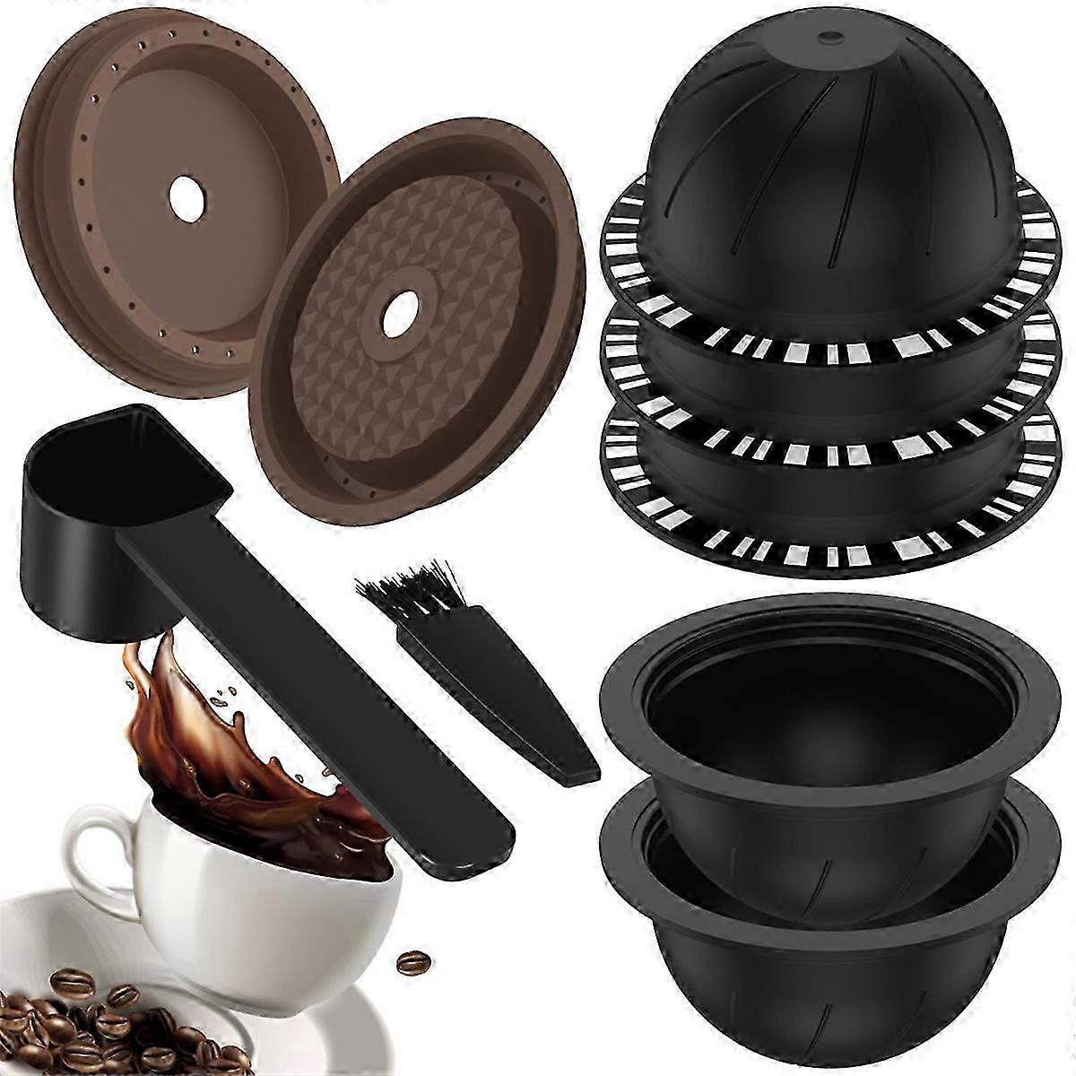 Suitable suitable for Vertuo Machine: 5 Reusable Coffee Pods with 2 Lids, Spoon & Brush