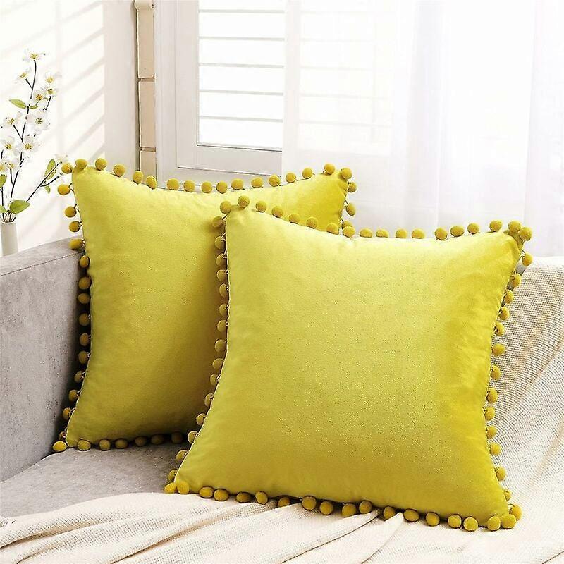 Set of 2 Soft Square Velvet Solid Color Cushion Covers Bedroom Decor Sofa Covers with Balloons Modern for Living Room, 45x45cm (Lemon)