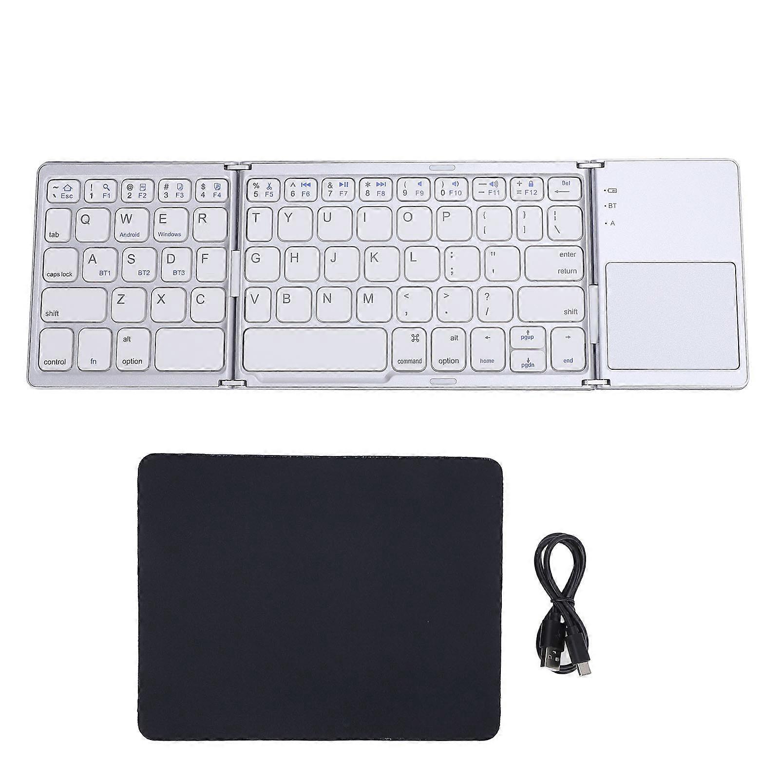 Foldable Bluetooth Keyboard with Touchpad Portable Triple Folding Wireless Rechargeable Silver White