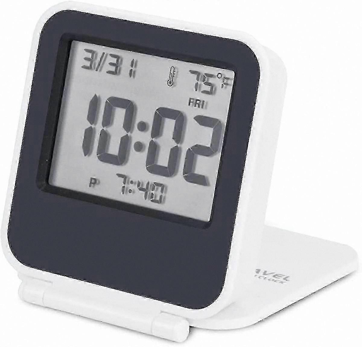 Compact Digital Travel Clock with Backlight, Portable Mini Calendar and Temperature Display, Battery Operated (White)