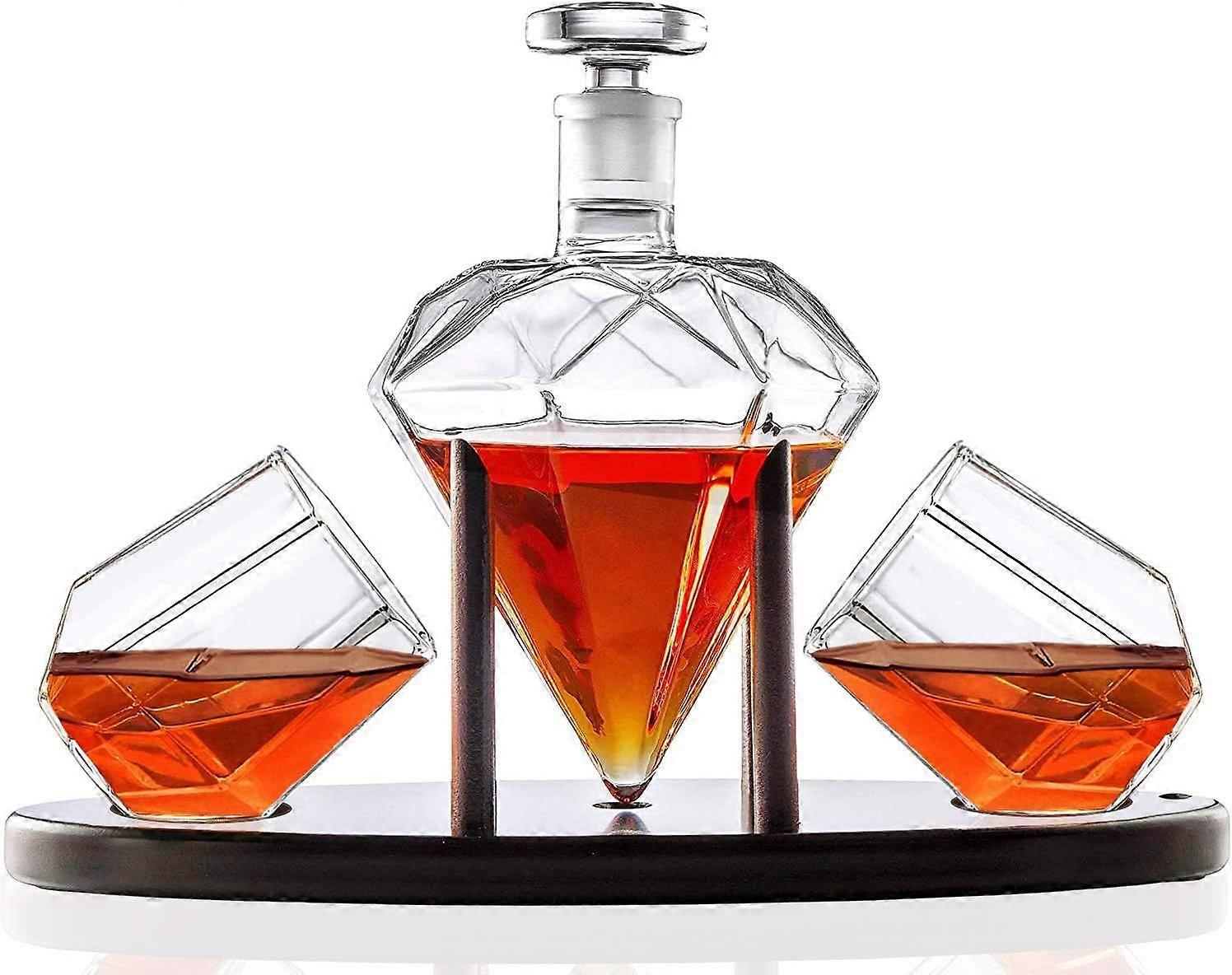 Diamond Shaped Whisky Decanter with 2 Diamond Glasses and Mahogany Stand -