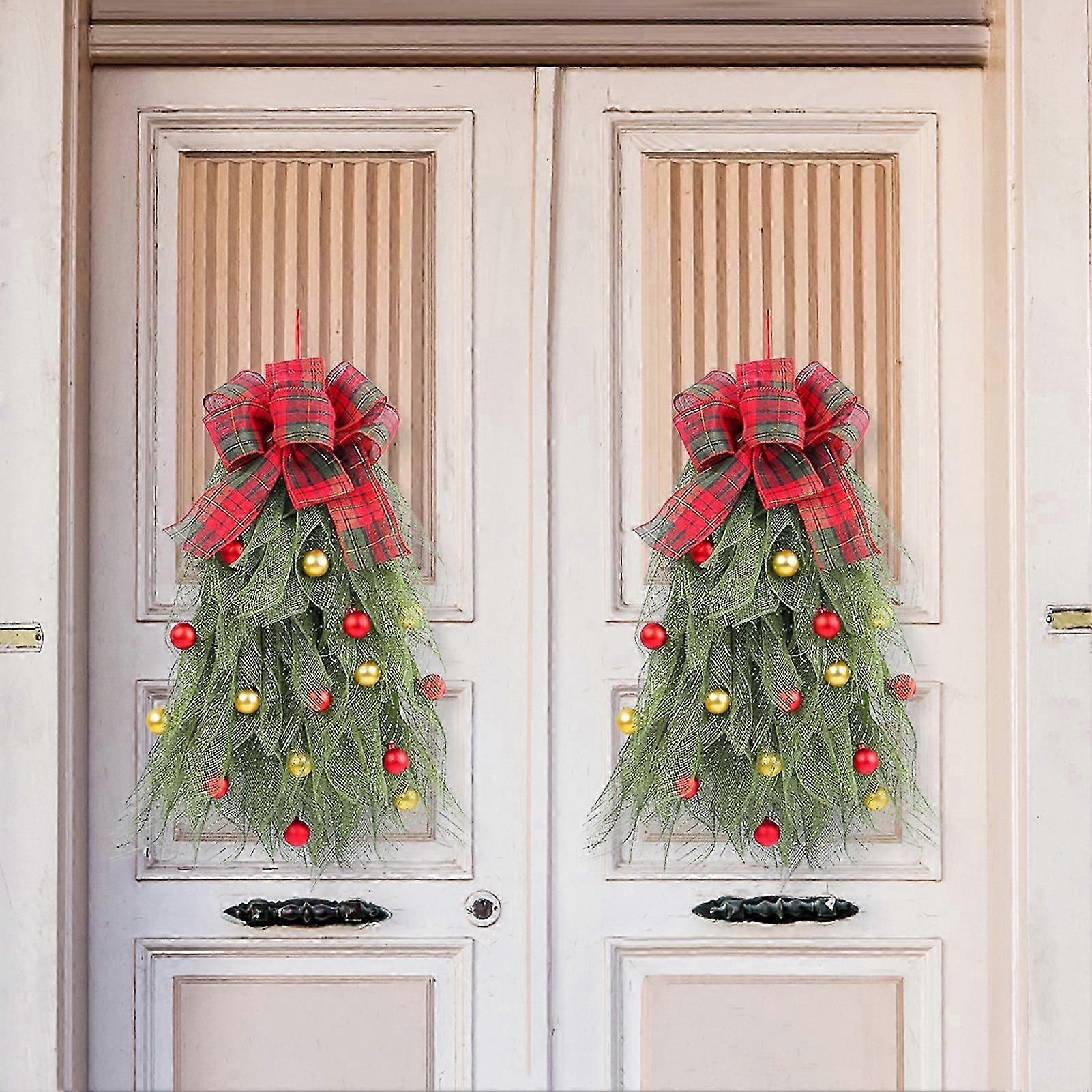 Christmas Tree Wreath for Front Door Handmade Xmas Wreath with Red Bow And Ball Farmhouse Christmas Tree Garland for Holiday Decor